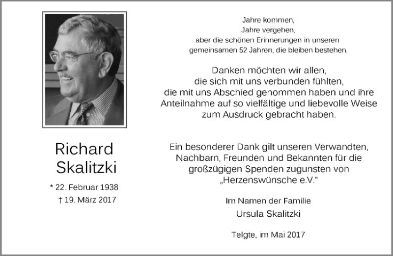  Traueranzeige für Richard Skalitzki vom 09.05.2017 aus Westfälische Nachrichten