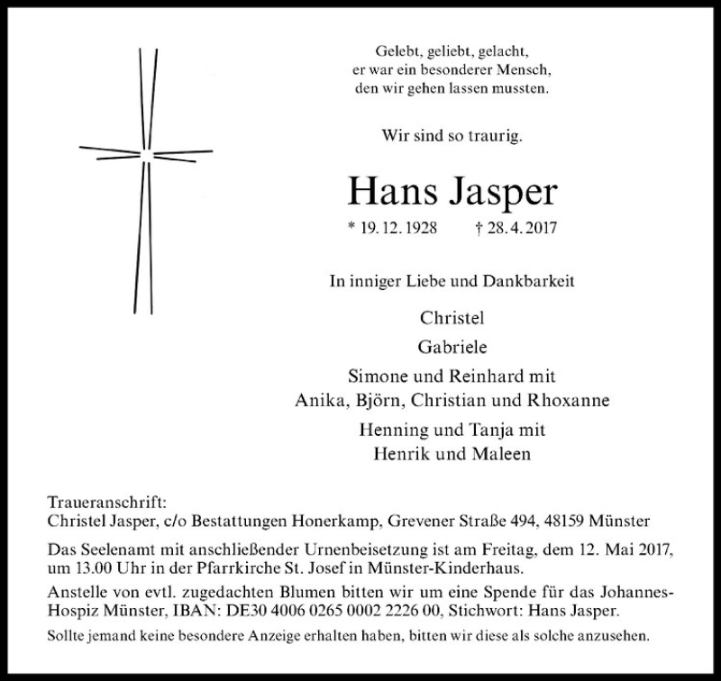  Traueranzeige für Hans Jasper vom 06.05.2017 aus Westfälische Nachrichten