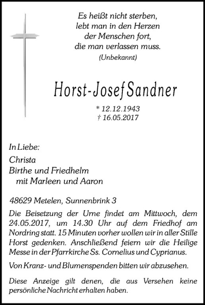  Traueranzeige für Horst-Josef Sandner vom 22.05.2017 aus Westfälische Nachrichten