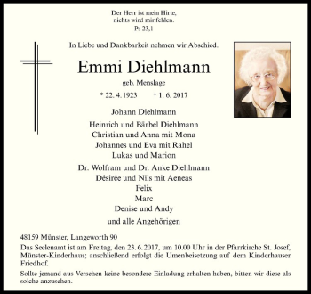 Anzeige von Emmi Dielmann von Westfälische Nachrichten