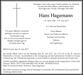 Anzeige von Hans Hagemann von Westfälische Nachrichten