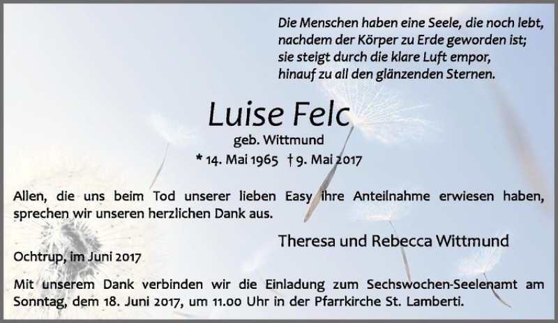  Traueranzeige für Luise Felc vom 14.06.2017 aus Westfälische Nachrichten