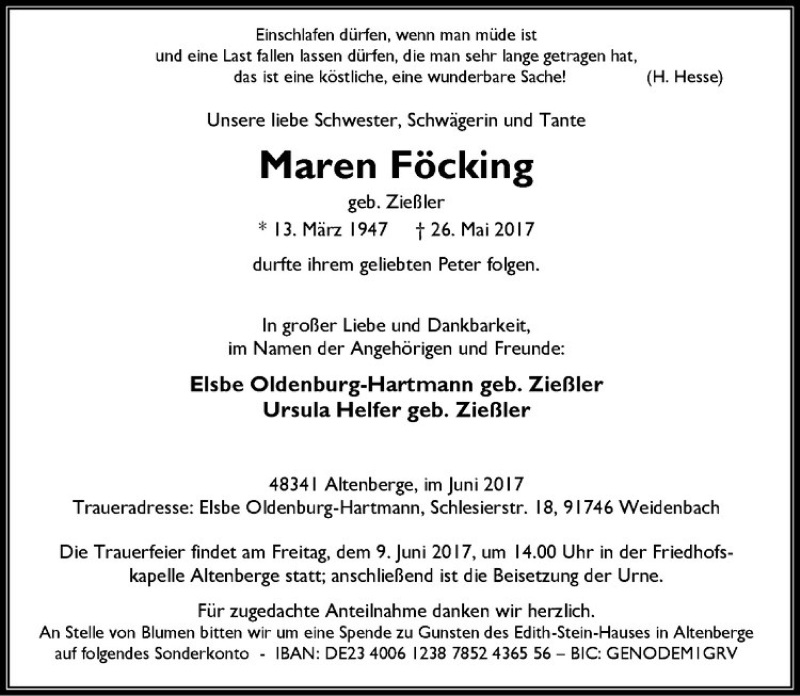  Traueranzeige für Maren Föcking vom 03.06.2017 aus Westfälische Nachrichten