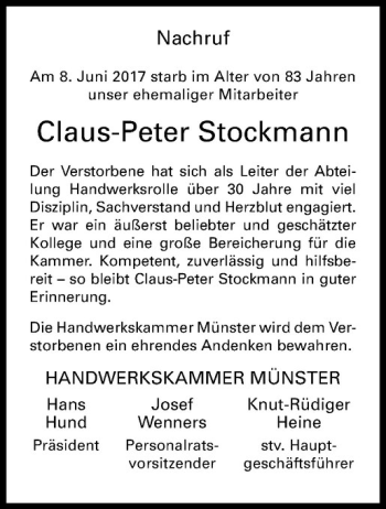 Anzeige von Claus-Peter Stockmann von Westfälische Nachrichten