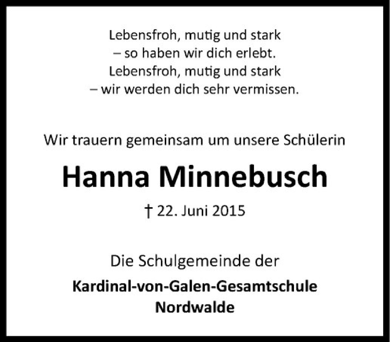  Traueranzeige für Hanna Minnebusch vom 24.06.2015 aus Westfälische Nachrichten