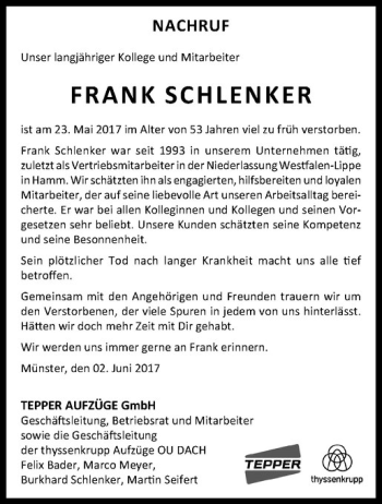 Anzeige von Frank Schlenker von Westfälische Nachrichten
