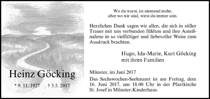  Traueranzeige für Heinz Göcking vom 12.06.2017 aus Westfälische Nachrichten