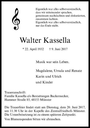 Anzeige von Walter Kassella von Westfälische Nachrichten