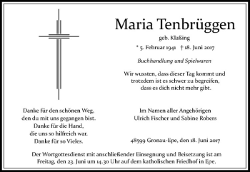 Anzeige von Maria Tenbrüggen von Westfälische Nachrichten