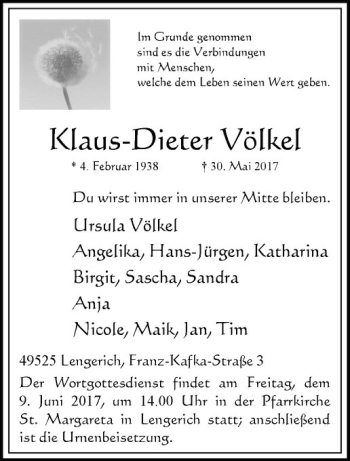 Anzeige von Klaus-Dieter Völkel von Westfälische Nachrichten
