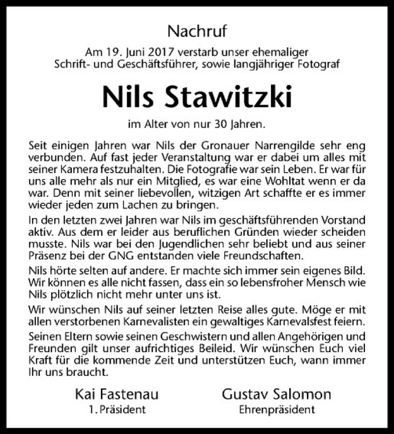  Traueranzeige für Nils Karl Stawitzki vom 28.06.2017 aus Westfälische Nachrichten
