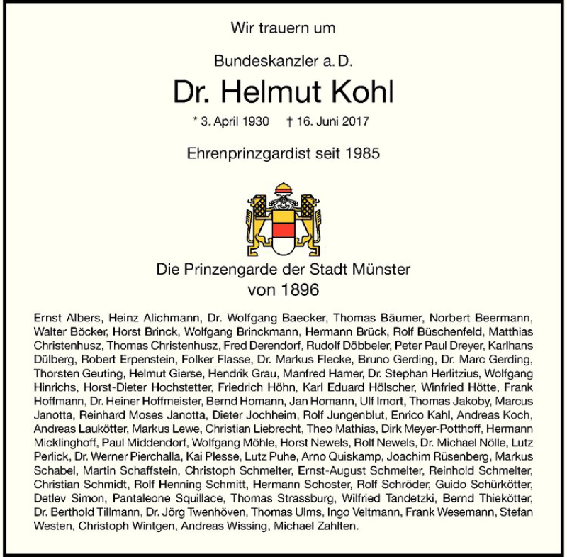  Traueranzeige für Helmut  Kohl vom 24.06.2017 aus Westfälische Nachrichten