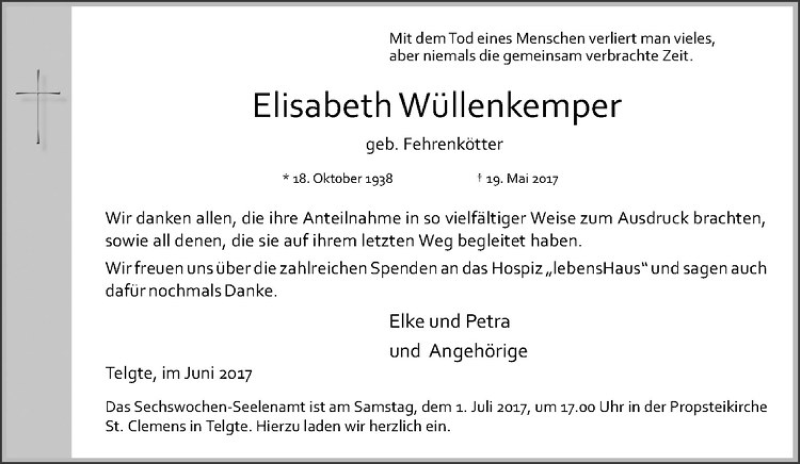 Traueranzeige für Elisabeth Wüllenkemper vom 28.06.2017 aus Westfälische Nachrichten