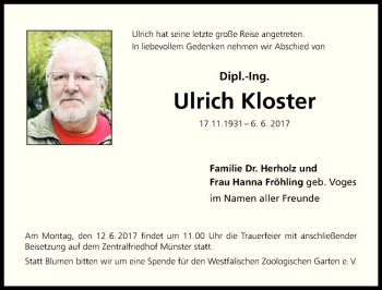 Anzeige von Ulrich Kloster von Westfälische Nachrichten