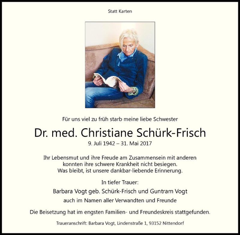  Traueranzeige für Christiane Schürk-Frisch vom 24.06.2017 aus Westfälische Nachrichten
