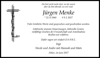 Anzeige von Jürgen Menke von Westfälische Nachrichten