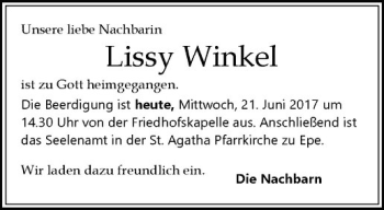 Anzeige von Lissy Winkel von Westfälische Nachrichten
