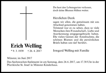 Anzeige von Erich Welling von Westfälische Nachrichten