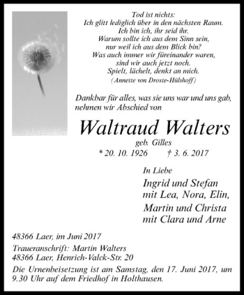 Anzeige von Waltraud Walters von Westfälische Nachrichten
