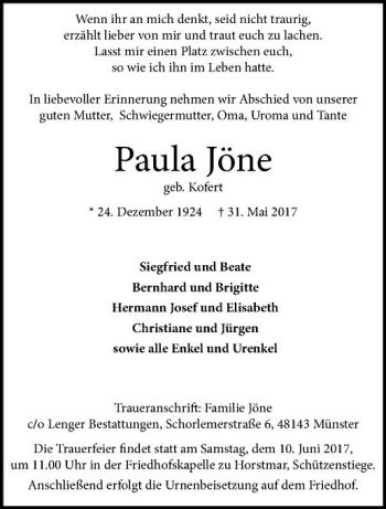 Anzeige von Paula Jöne von Westfälische Nachrichten