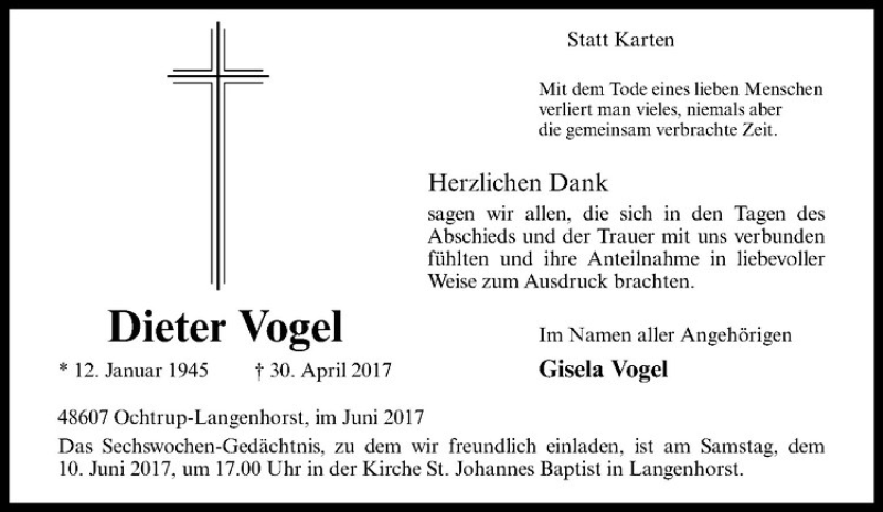  Traueranzeige für Dieter Vogel vom 07.06.2017 aus Westfälische Nachrichten