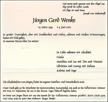 Anzeige von Jürgen Gerd Wenke von Westfälische Nachrichten