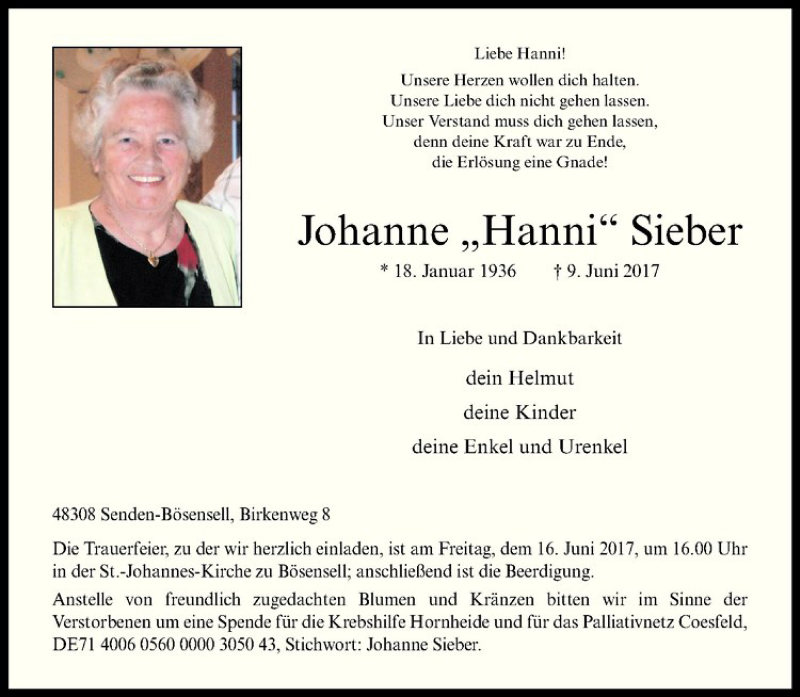  Traueranzeige für Johanne Sieber vom 13.06.2017 aus Westfälische Nachrichten