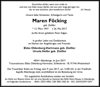 Anzeige von Maren Föcking von Westfälische Nachrichten
