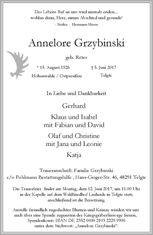  Traueranzeige für Annelore Grzybinski vom 08.06.2017 aus Westfälische Nachrichten