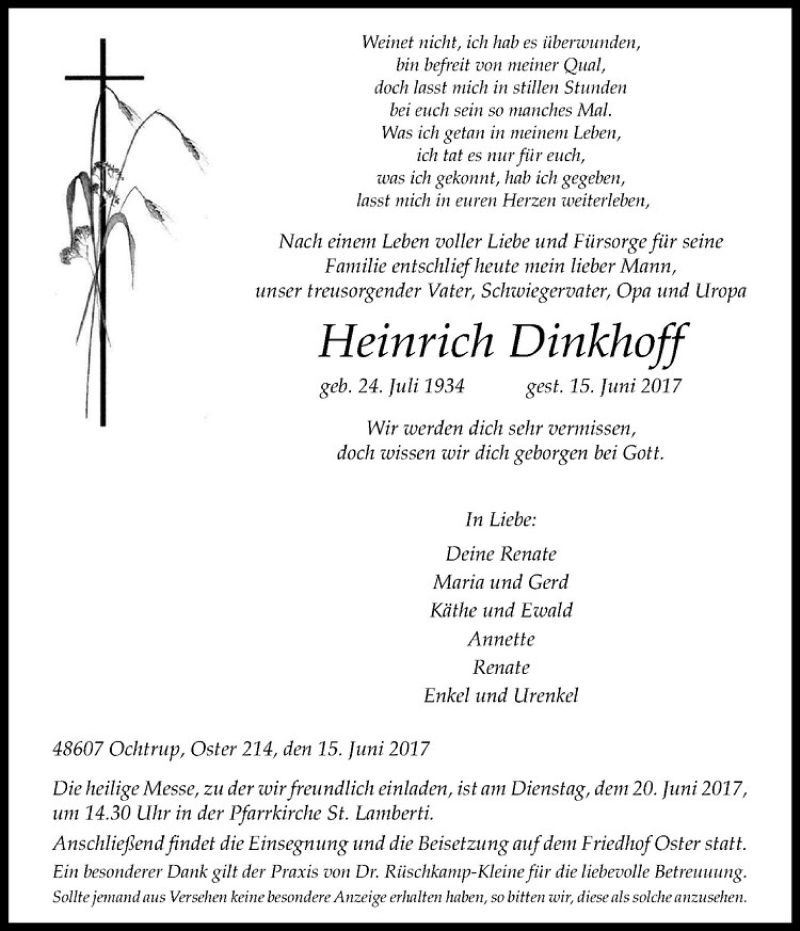  Traueranzeige für Heinrich Dinkhoff vom 17.06.2017 aus Westfälische Nachrichten