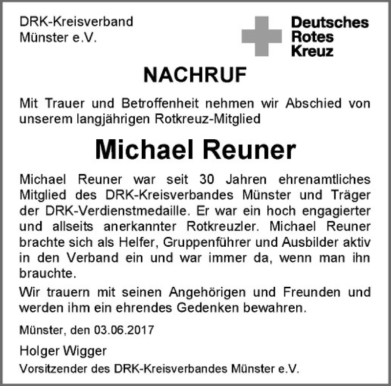  Traueranzeige für Michael Reuner vom 03.06.2017 aus Westfälische Nachrichten
