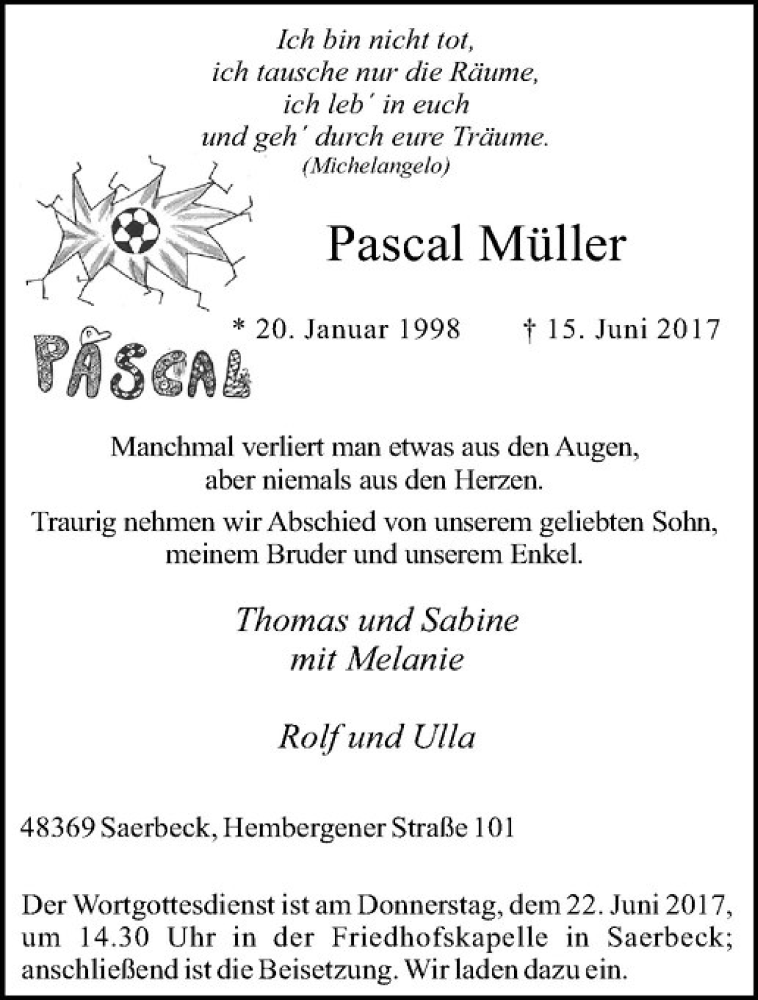  Traueranzeige für Pascal Müller vom 20.06.2017 aus Westfälische Nachrichten