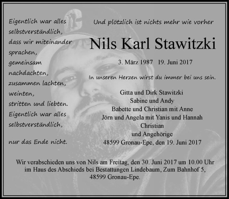  Traueranzeige für Nils Karl Stawitzki vom 24.06.2017 aus Westfälische Nachrichten