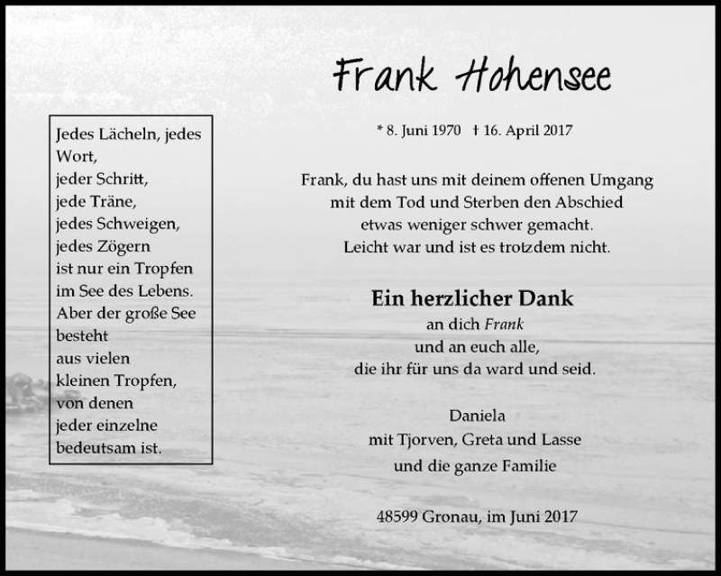  Traueranzeige für Frank Hohensee vom 08.06.2017 aus Westfälische Nachrichten