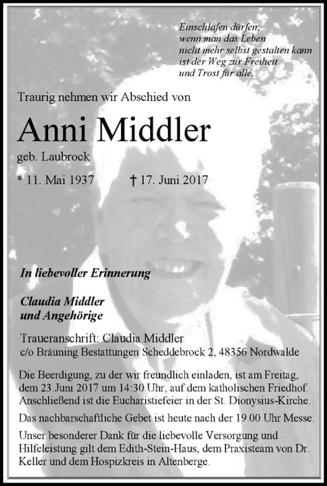  Traueranzeige für Anni Middler vom 20.06.2017 aus Westfälische Nachrichten