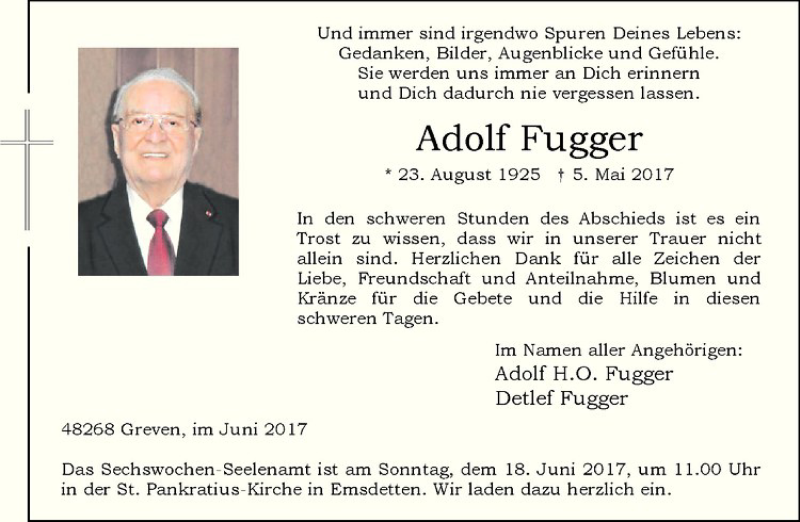  Traueranzeige für Adolf Fugger vom 14.06.2017 aus Westfälische Nachrichten