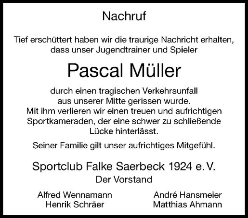  Traueranzeige für Pascal Müller vom 23.06.2017 aus Westfälische Nachrichten