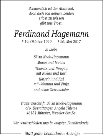 Anzeige von Ferdinand Hagemann von Westfälische Nachrichten
