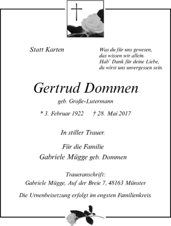 Anzeige von Gertrud Dommen von Westfälische Nachrichten