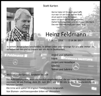 Anzeige von Heinz Feldmann von Westfälische Nachrichten