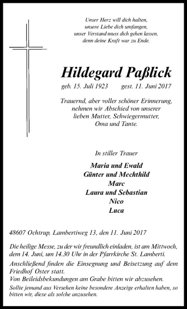  Traueranzeige für Hildegard Paßlick vom 13.06.2017 aus Westfälische Nachrichten
