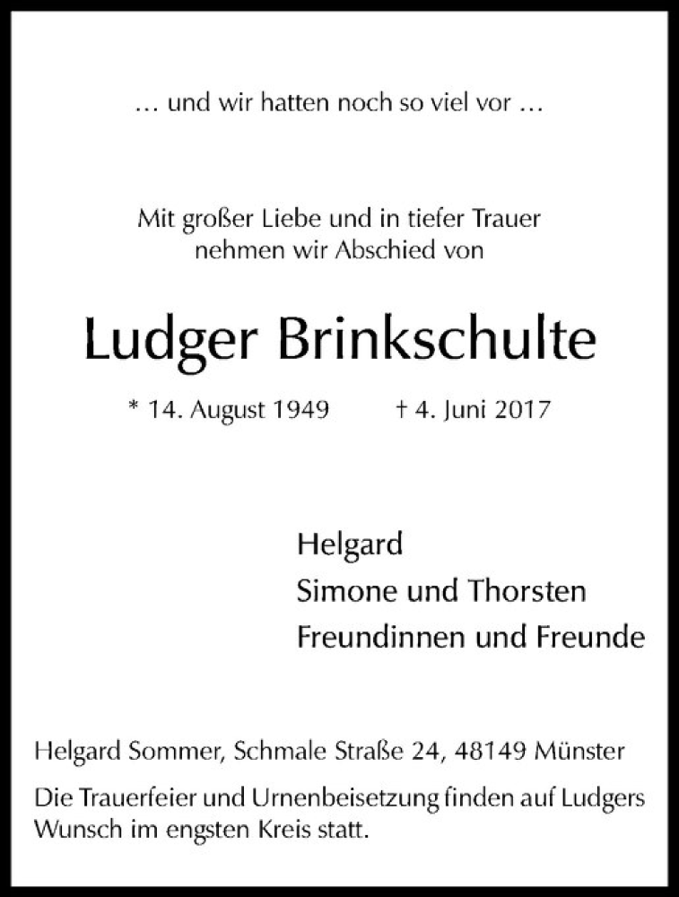  Traueranzeige für Ludger Brinkschulte vom 07.06.2017 aus Westfälische Nachrichten