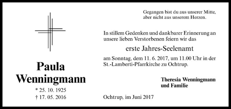 Traueranzeige für Paula Wenningmann vom 07.06.2017 aus Westfälische Nachrichten