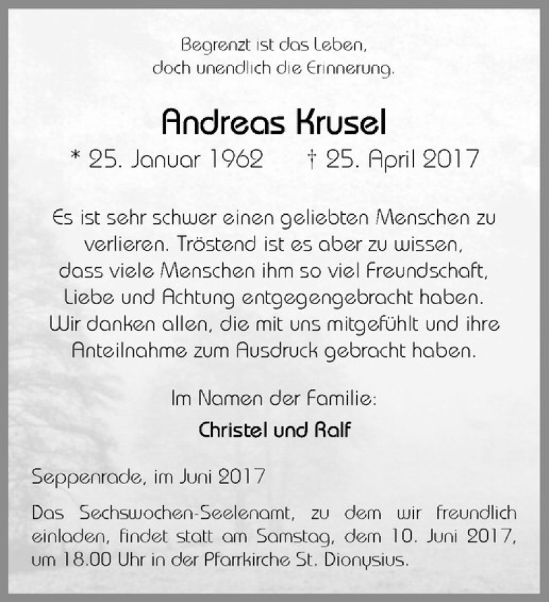  Traueranzeige für Andreas Krusel vom 03.06.2017 aus Westfälische Nachrichten