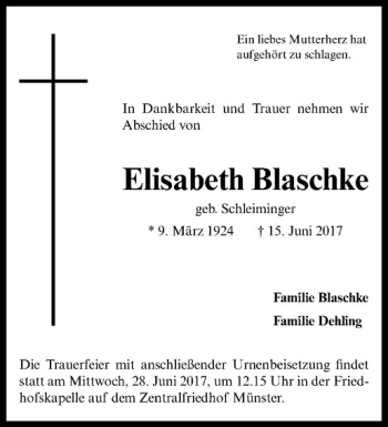 Anzeige von Elisabeth Blaschke von Westfälische Nachrichten