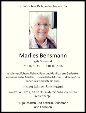 Anzeige von Marlies Bensmann von Westfälische Nachrichten