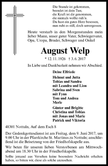 Anzeige von August Welp von Westfälische Nachrichten
