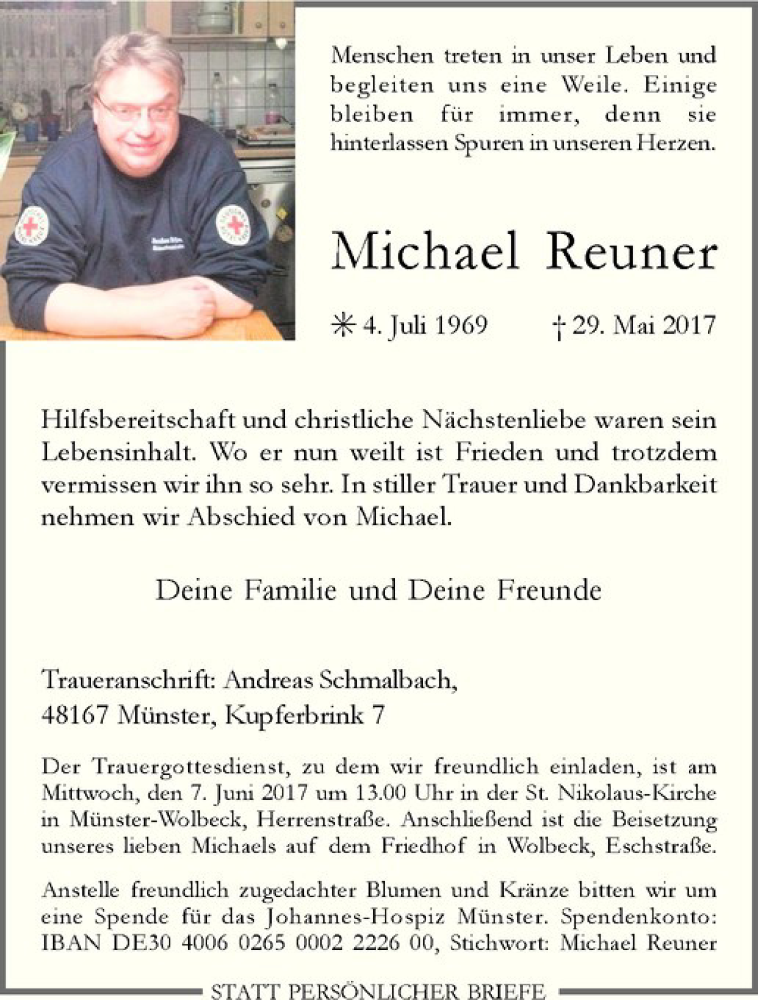  Traueranzeige für Michael Reuner vom 03.06.2017 aus Westfälische Nachrichten