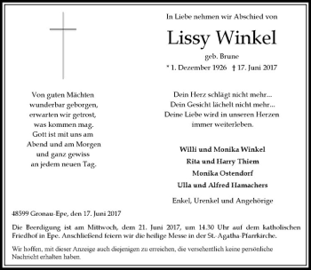 Anzeige von Lissy Winkel von Westfälische Nachrichten