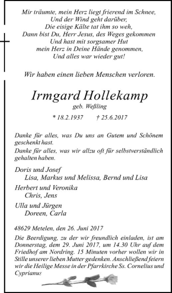 Anzeige von Irmgard Hollekamp von Westfälische Nachrichten